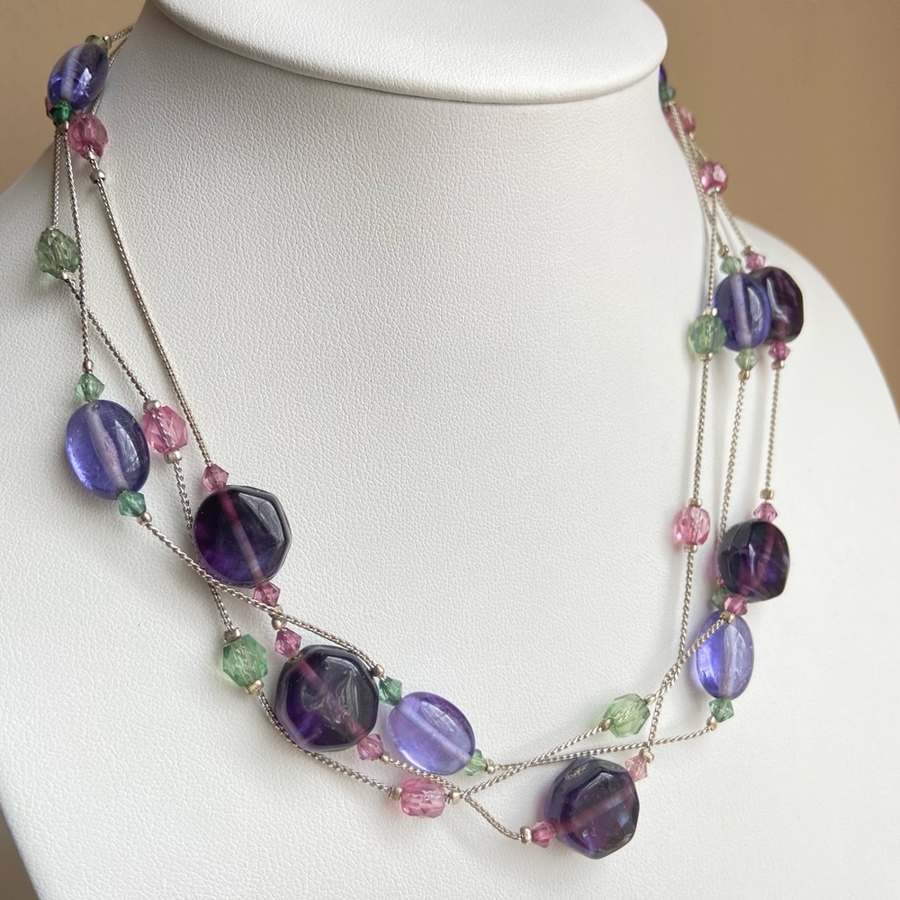 Avon glass bead triple strand silvertone station necklace in purple green pink